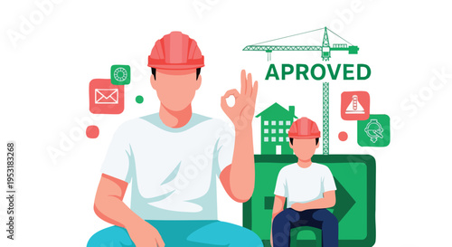 Construction Project Approved. Architect and Worker. Building Approval Concept.