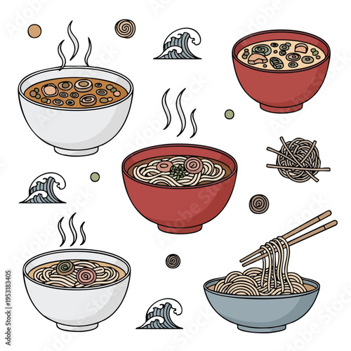 Japanese Noodle Soups. Assortment of Ramen and Udon Bowls. Delicious Asian Food.