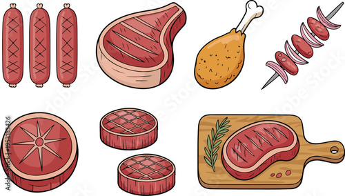 Collection of meat cuts including steak sausage chicken and kebab arranged as butcher food icons minimal outline vector illustration set