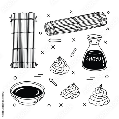 Sushi Making Tools and Condiments. Bamboo Mat, Soy Sauce, Wasabi. Line Art.