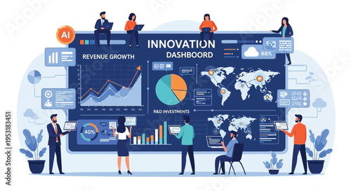 Vector illustration of people working with innovation dashboard, infographic elements