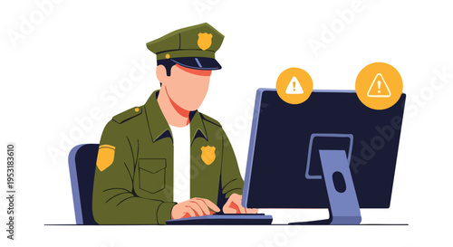 Security Officer Monitoring Computer. Cyber Security Concept.
