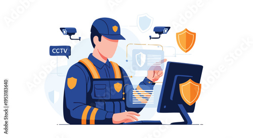 Security Guard Monitoring CCTV System. Surveillance Operator. Digital Security Concept.