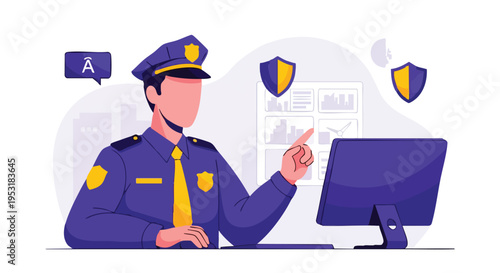 Police Officer Analyzing Data on Computer Screen. Security and Surveillance Concept.