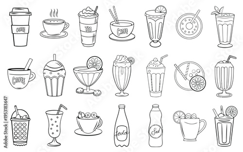 Assorted beverages and food items illustrated in a minimalist line art style Vector