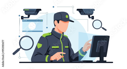 Security Guard Monitoring Surveillance System. Security Officer at Work. CCTV Technology. Digital Security.