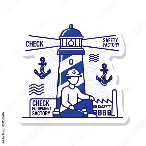 Lighthouse of Safety. Industrial Safety Concept. Minimalist Illustration. Blue and White. Vector.