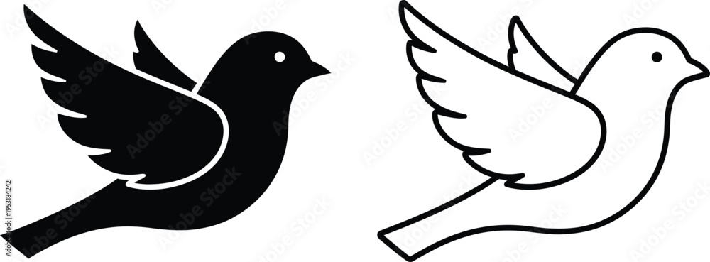 Fototapeta premium Flying Bird Silhouette and Outline Vector Icon Set Vector