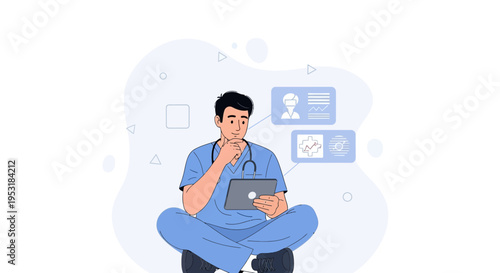 Doctor using tablet with medical data, sitting cross-legged, modern healthcare concept
