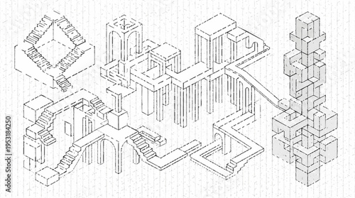 Detailed vector illustration of a futuristic cityscape with abstract buildings and pathways in a maze like urban environment