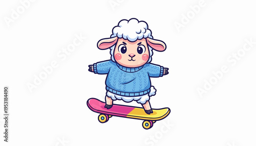Charming and playful cartoon sheep wearing a cozy blue sweater, expertly balancing on a vibrant skateboard, symbolizing youthful fun and lighthearted adventure