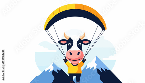 Funny cartoon cow paragliding over snowy mountains, illustrating a unique adventure and freedom