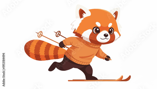 Adorable cartoon red panda joyfully skiing downhill, embracing the frosty winter slopes with cheerful determination and a cozy sweater in a vibrant illustration