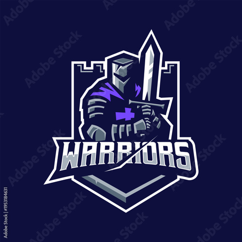 Crusader warrior knight with sword mascot logo