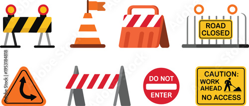 Set of road construction and warning barriers traffic safety equipment collection minimal outline vector illustration for transportation and repair signage