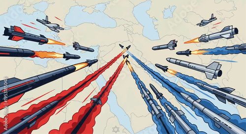 Missiles and rockets launching from various locations on a world map towards a central point