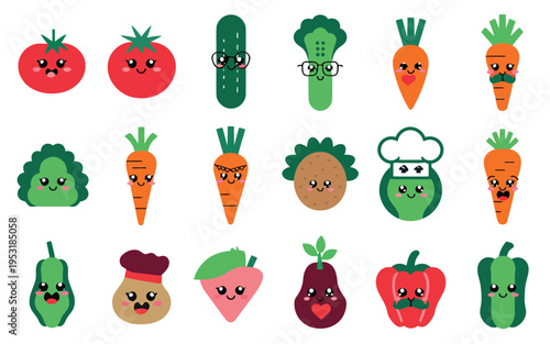 Cheerful cartoon faces of various colorful vegetables and fruits arranged in a grid Vector