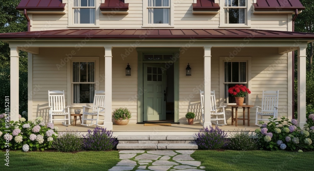 Fototapeta premium Charming Cream House with Red Roof and Lush Flowerbeds in Daylight