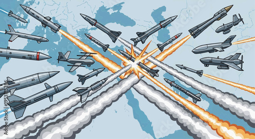 Missiles and rockets launching simultaneously across the world map in chaos