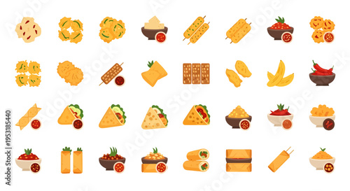 Indonesian Fried Snacks Icon Set, Traditional Street Food Gorengan Vector Illustration