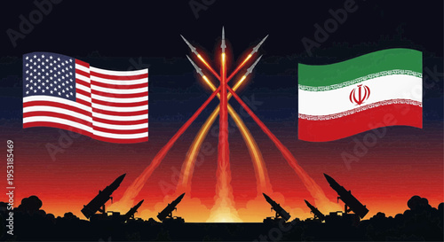 The US and Iran flags face off with missiles launching at sunset.