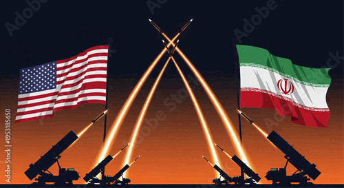 US and Iranian flags with missile launchers firing rockets at sunset