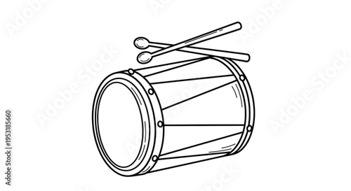 Minimalist Black and White Vector Illustration of a Traditional Drum with Crossed Drumsticks, Music Instrument Icon