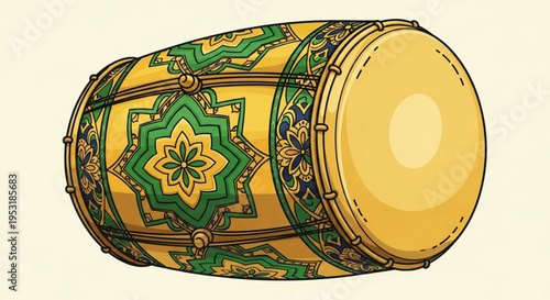 Ramadan Kareem Drum (Daff or Bendir) Illustration with Calligraphy and Decorative Patterns
