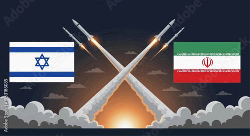 Rockets launch from Israel and Iran flags in a dark cloudy sky
