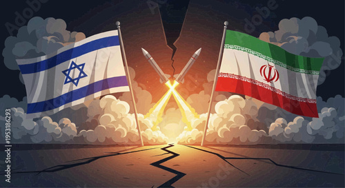 Flags of Israel and Iran clash in a symbolic conflict illustration with explosive background
