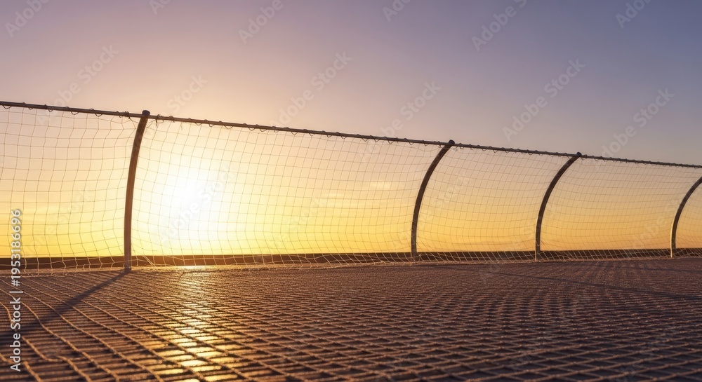 Fototapeta premium Intricate safety netting at the edge of a platform, illuminated by the warm, golden hues of a beautiful sunset, offering secure protection, safety, intricate, security