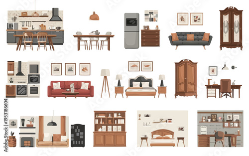 Illustrated collection of various modern living room and furniture arrangements Vector