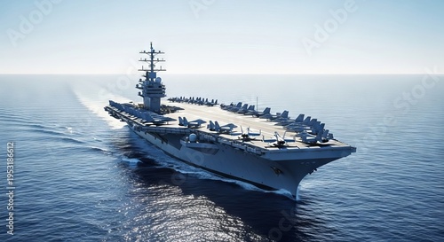 Mighty aircraft carrier sails across a glistening ocean, its vast flight deck showcasing an impressive fleet of combat jets, flight deck, aircraft, journey