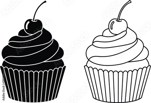 Cupcake With Cherry Icon Set Vector
