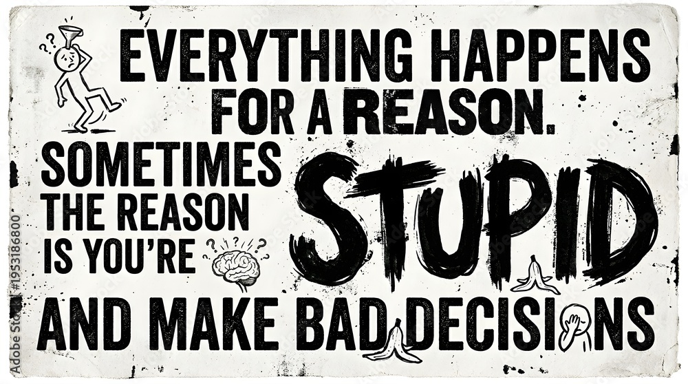 Fototapeta premium A humorous and sarcastic distressed sign with bold typography stating 'Everything happens for a reason. Sometimes the reason is you're stupid and make bad decisions.'.