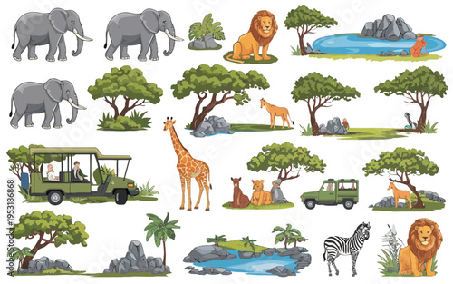 A vibrant safari scene showcasing wildlife and exploration vehicles in a natural habitat Vector