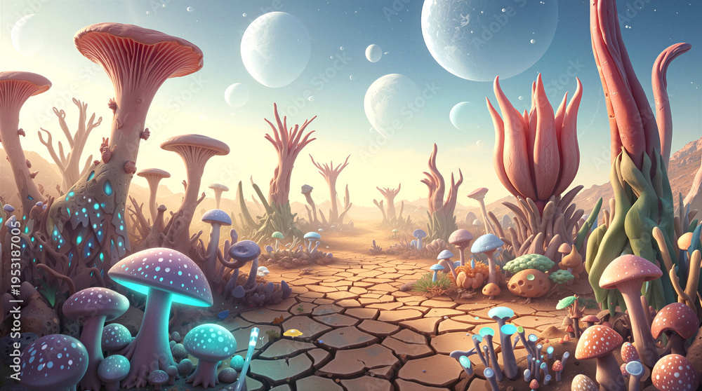 Fototapeta premium Alien landscape with glowing mushrooms and giant flora under multiple moons. Extraterrestrial planet surface with cracked ground and bioluminescent plants.