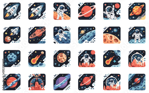 Colorful collection of space and astronomy-themed icons depicting celestial bodies and phenomena Vector