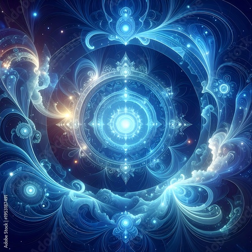 Glowing ethereal celestial artwork of swirling blue and white energy