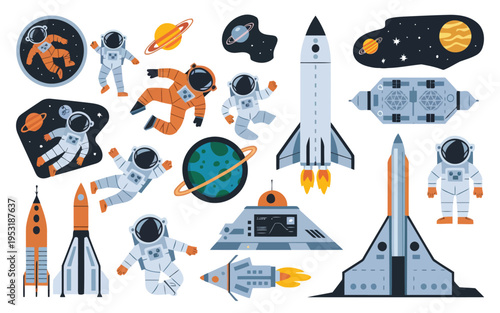 Colorful illustration of space exploration and astronauts in various scenarios Vector