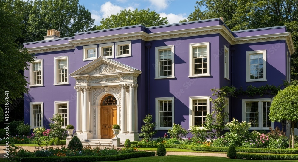 Fototapeta premium Majestic Purple Georgian Mansion With Ornate Entrance And Lush Gardens Under Blue Sky