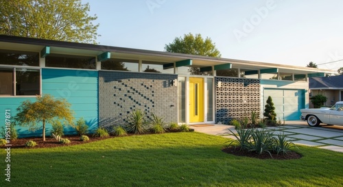 Mid Century Modern Home With Turquoise Accents Yellow Door And Vintage Car