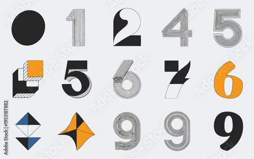 Creative geometric and numeric symbols with distinct artistic designs and shapes Vector