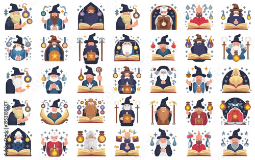 Whimsical collection of witches and magical creatures in cozy settings Vector