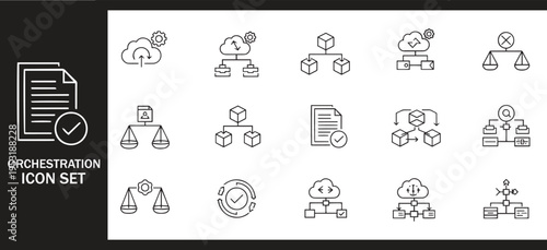 Cloud Orchestration and Data Infrastructure Workflow Ethics Icon Set