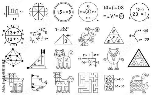 Collection of geometric shapes, chemical formulas, and logical diagrams with annotations Vector