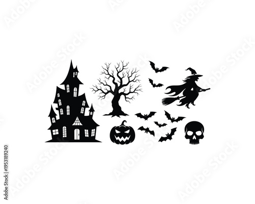 Haunted house silhouette with flying witch and scary skull