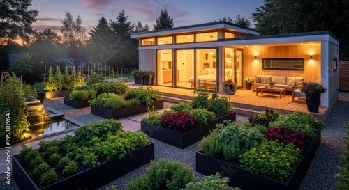 Modern Garden Pavilion Illuminated At Dusk With Lush Vegetable Beds And Outdoor Seating Area