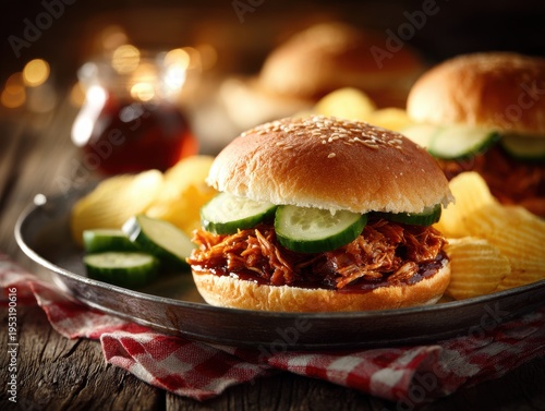 Delicious BBQ pulled pork sandwich topped with fresh cucumber slices served on a toasted golden bun alongside crispy potato chips on a rustic wooden surface.