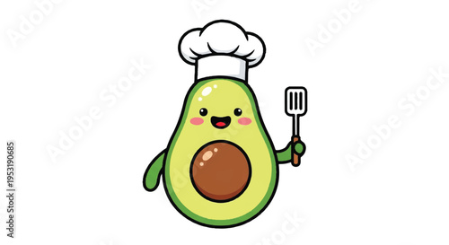 Cartoon avocado chef holding spatula isolated on white